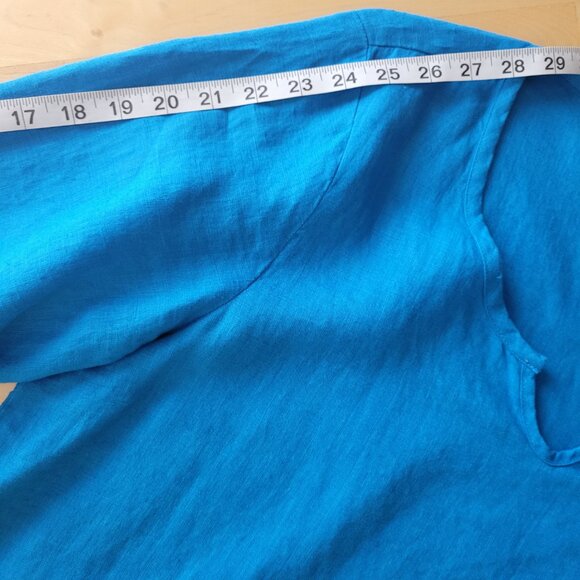 FLAX 100% Linen 2 Pc Tunic~Shorts Size MEDIUM Sapphire Blue Tab Adj Long Sleeves - Picture 11 of 15